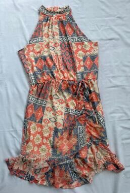 Boho Festival Southwestern Aztec Print Ruffle Hem Halter Dress by CATO Size L